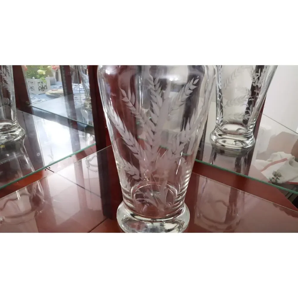 Hand Blown Clear Vase Etched Wheat Pattern‎ Initial A Ribbon Rim 9” Vintage